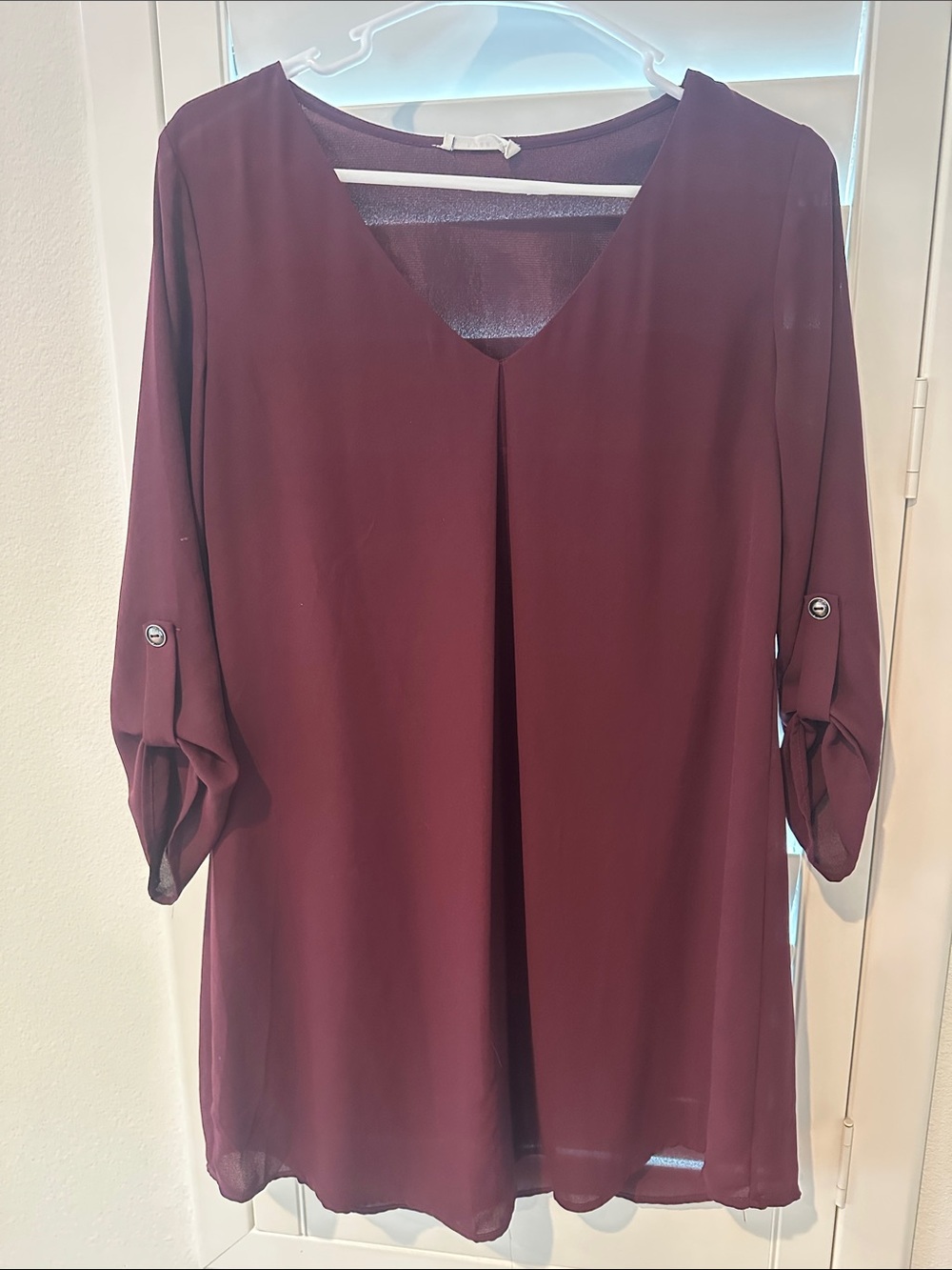 Lush Burgundy V-Neck Roll-Tab Tunic